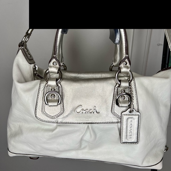 RARE Coach Ashley Leather Satchel White and Silver with Strap - Picture 4 of 9